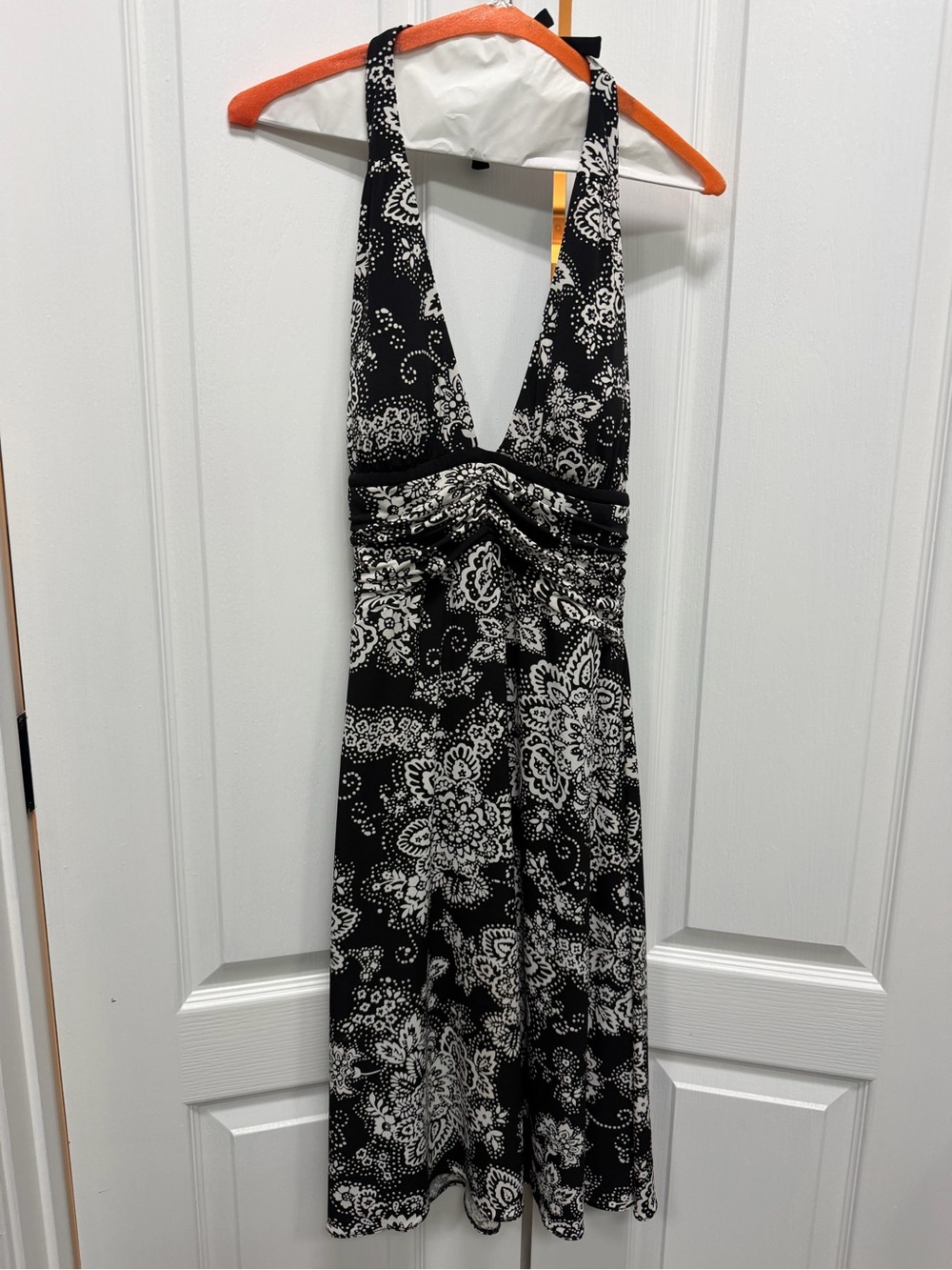 White House Black Market Black & White Backless Halter Paisley Dress